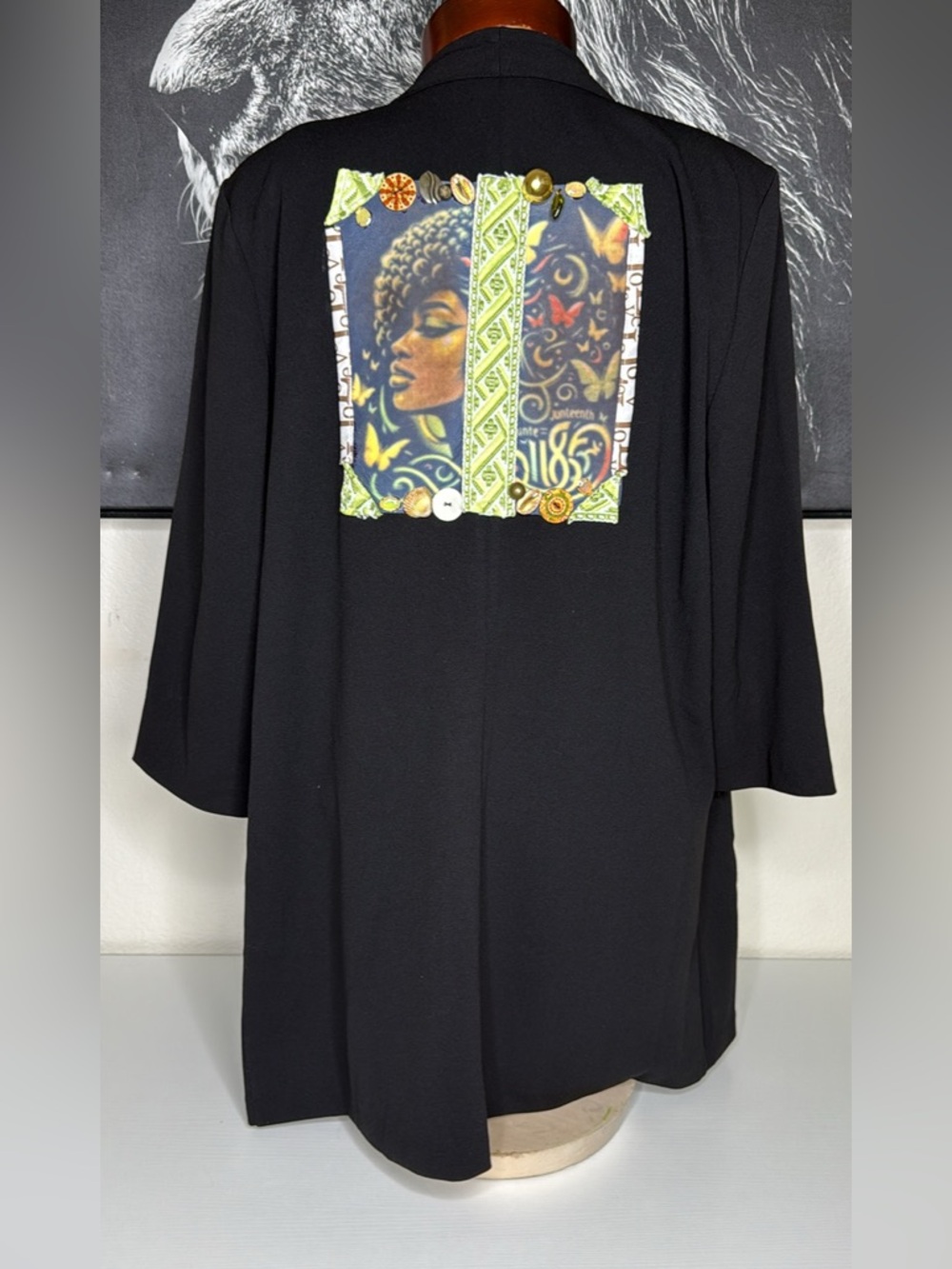 Black Open Blazer Juneteenth Art Patch Back Unique Hand Designed Large